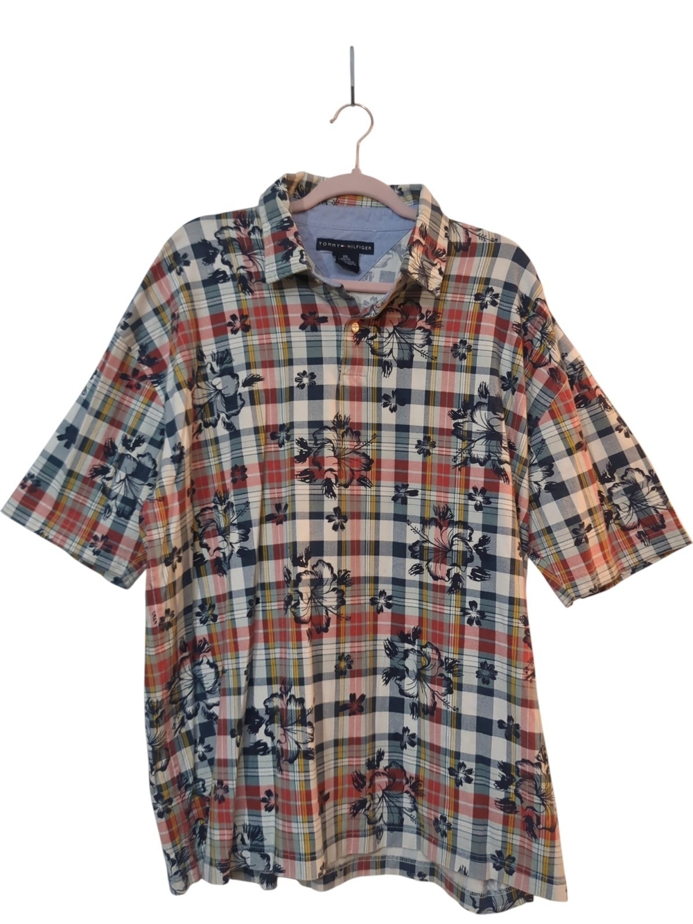 Tommy Hilfiger Floral Madras Plaid Polo Shirt XXL 100% Cotton Hawaiian Preppy